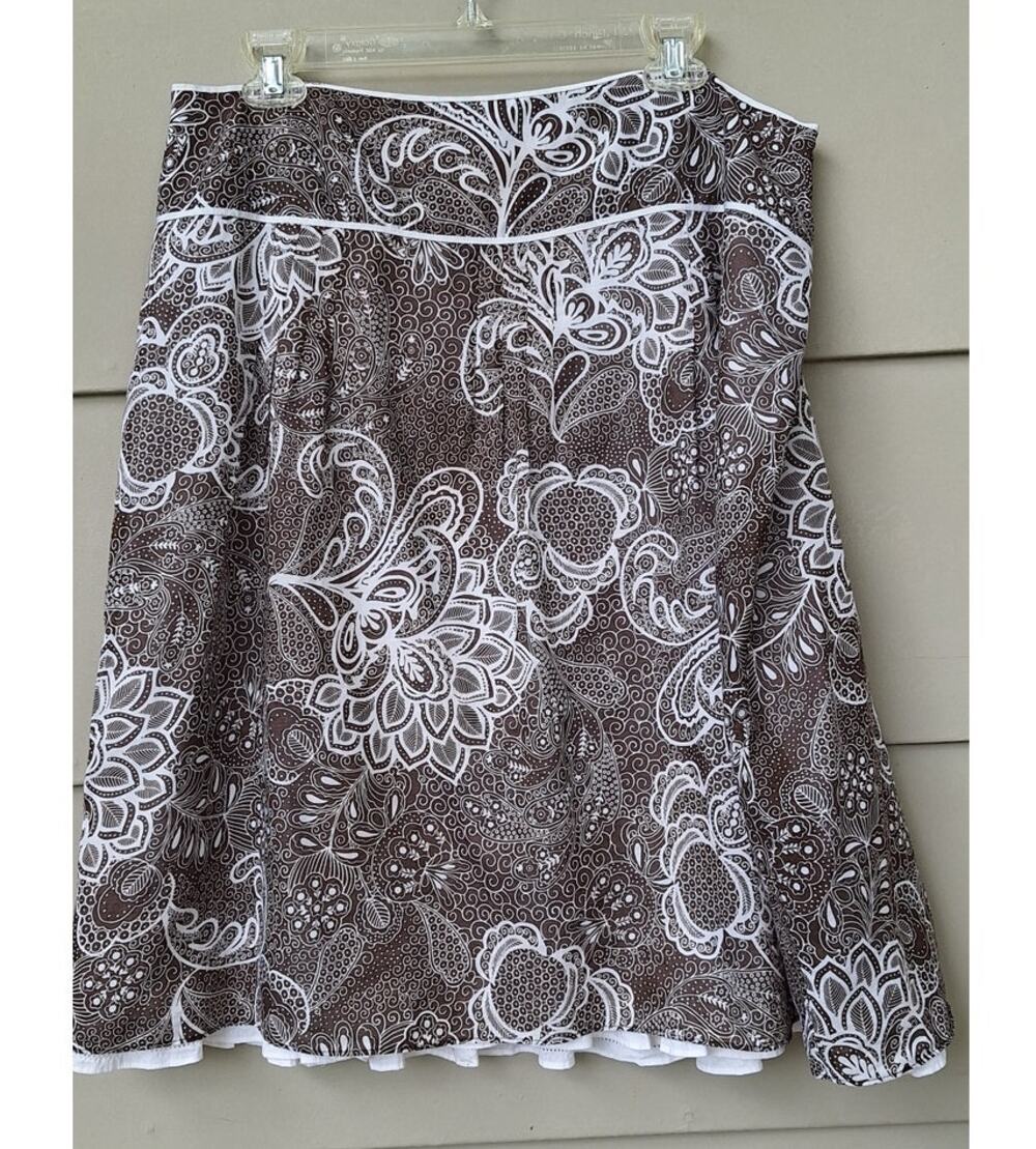 Ann Taylor A line Skirt 100% Cotton Brown and White Floral Paisley Sz 14 Cottage